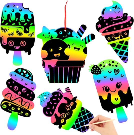 36 PCS Summer Ice Cream Rainbow Scratch Art Kit DIY Magic Color Scratch Cards with Wooden Stylus and Ribbons for Kids Party Favors Classroom Activities